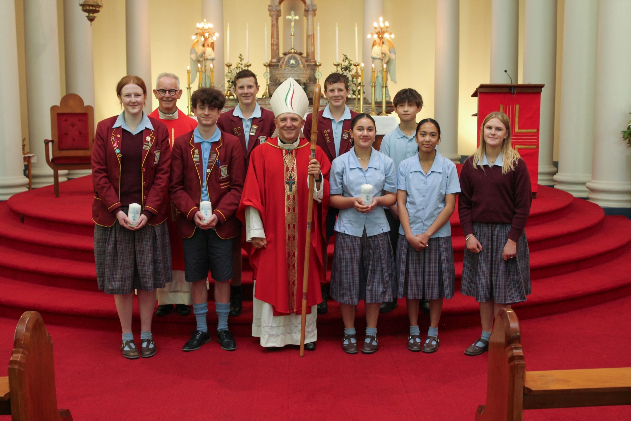 Roncalli Sacramental students with Bishop Michael and Father Chris Friel