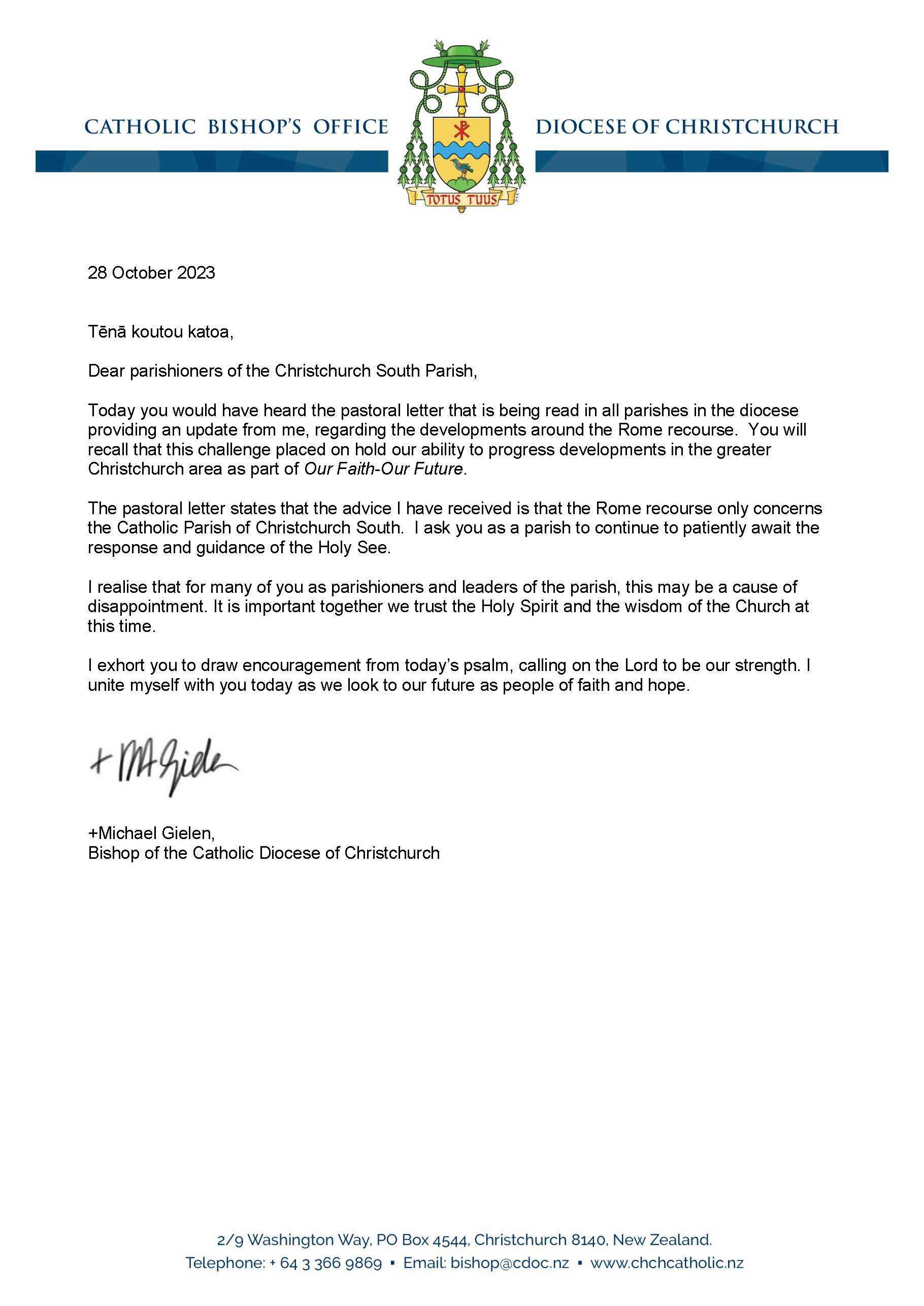 Bishop Michael Letter to South Parish 29.10.23